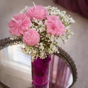 Rose Scented Pink Candle Bouquet Handmade Beeswax Decor Gift